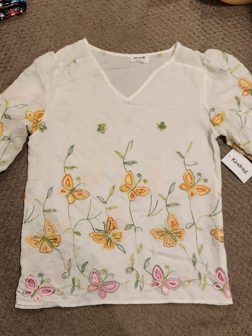NEW White Sheer Butterfly Embroidered Top. Small